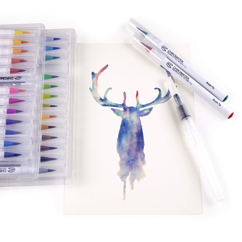 CHROMATEK 30 Watercolor Brush Pens | 15 Page Tutorial Pad & Online Video Series | Brush Tips | Vivid, Blendable Professional Artist Quality | 27 Colors | 3 Aquapens | Complete Water Color Painting Set - Image 4